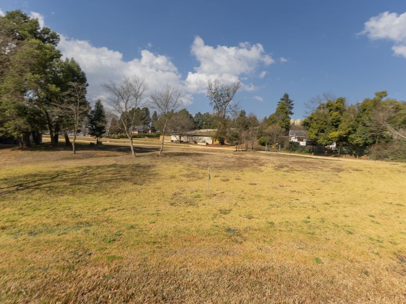 A wide-angle view of a large, open residential plot featuring established trees and natural grass coverage.