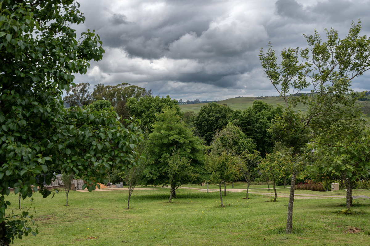 A well-maintained residential garden featuring expansive green lawns and mature trees, set against a scenic landscape under a cloudy sky.