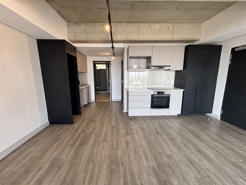 Modern open-plan kitchen featuring sleek built-in cabinetry, integrated appliances, and an exposed concrete ceiling, set against durable laminate flooring in a contemporary apartment.