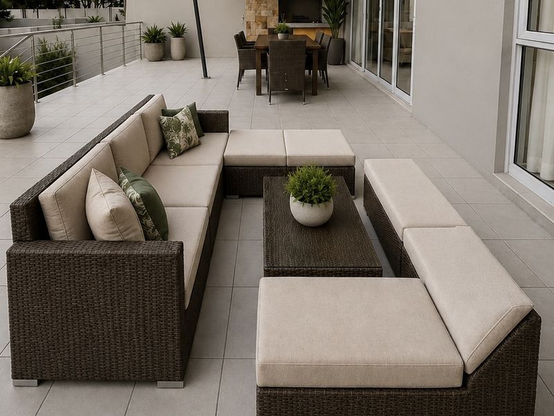 Spacious covered balcony featuring tiled flooring, a built-in braai with stone cladding, and stainless steel balustrades, offering a seamless indoor-outdoor living experience.