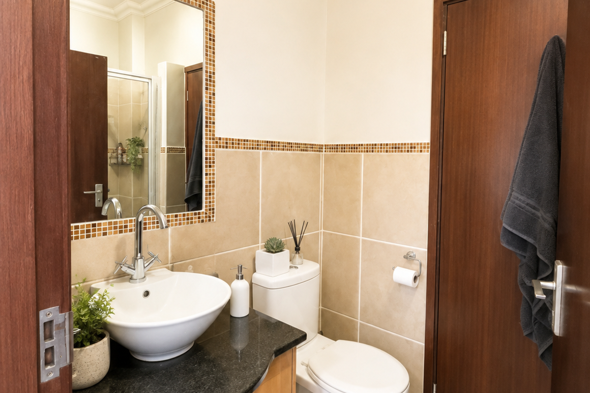 A well-maintained bathroom featuring a granite-topped vanity with a vessel sink, tiled walls with mosaic accents, and neutral floor tiles.