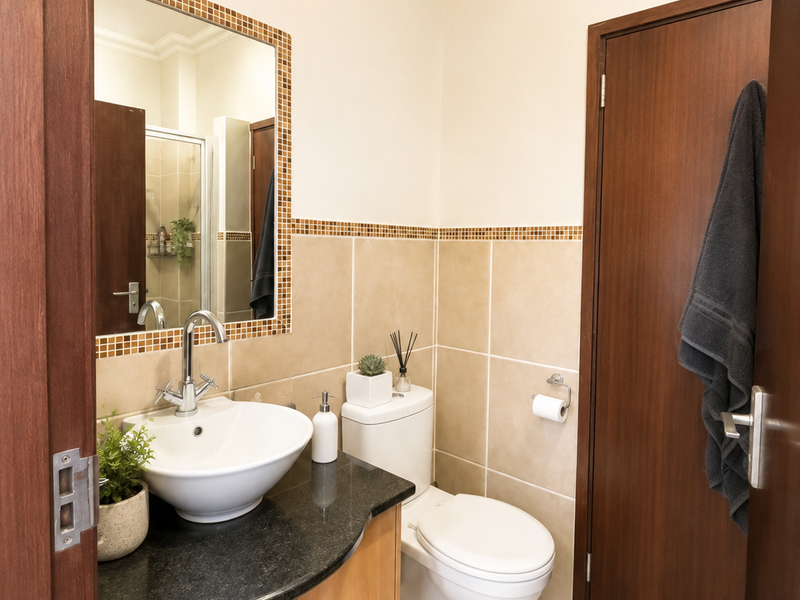 A well-maintained bathroom featuring a granite-topped vanity with a vessel sink, tiled walls with mosaic accents, and neutral floor tiles.