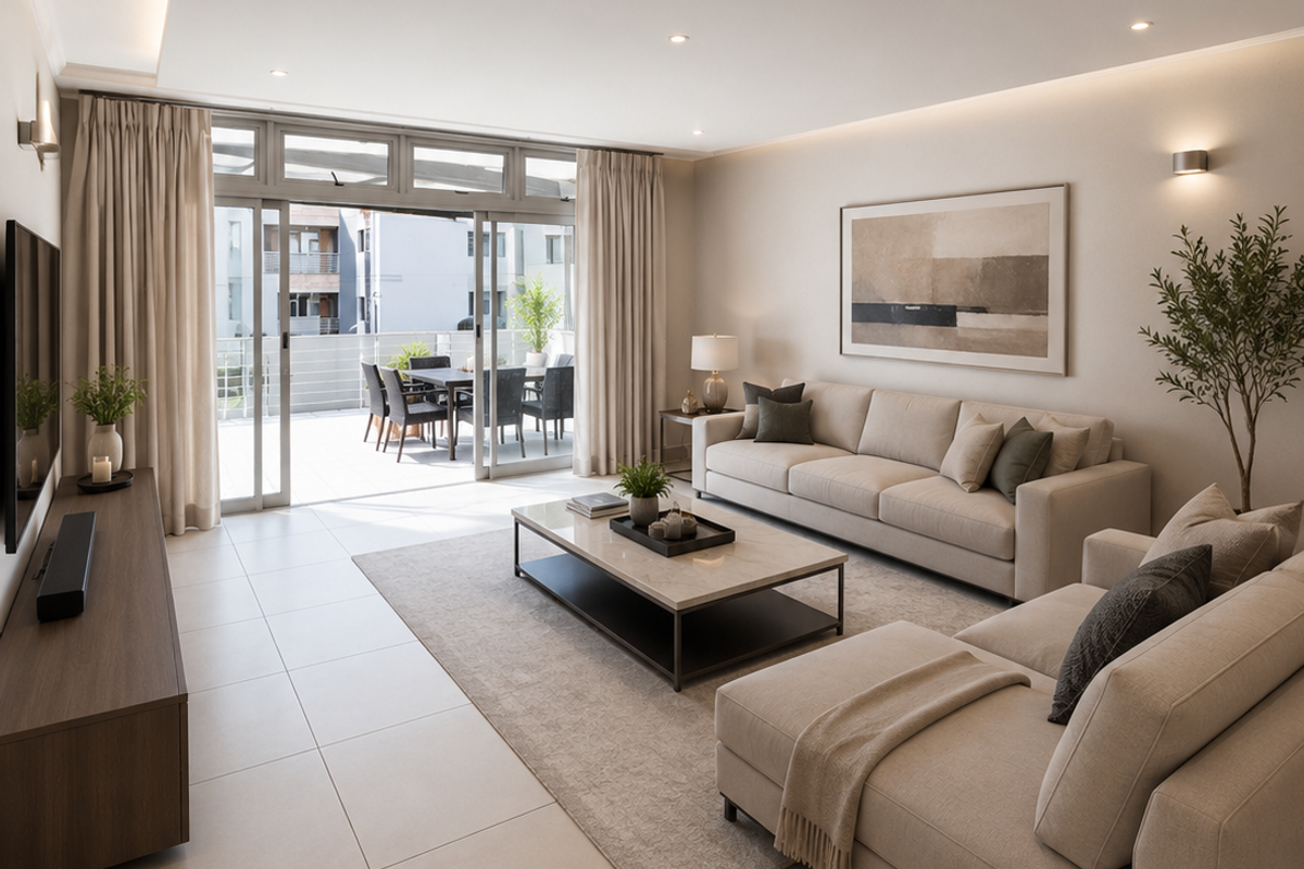 Modern, well-lit living room featuring recessed ceiling lighting, large sliding doors leading to a balcony, and neutral tiled flooring.