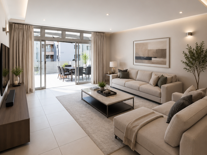 Modern, well-lit living room featuring recessed ceiling lighting, large sliding doors leading to a balcony, and neutral tiled flooring.