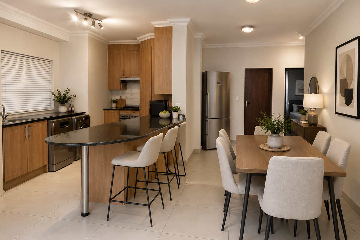 Modern open-plan kitchen and dining area featuring light wood cabinetry, granite countertops, tiled flooring, and integrated appliances in a well-maintained apartment setting.