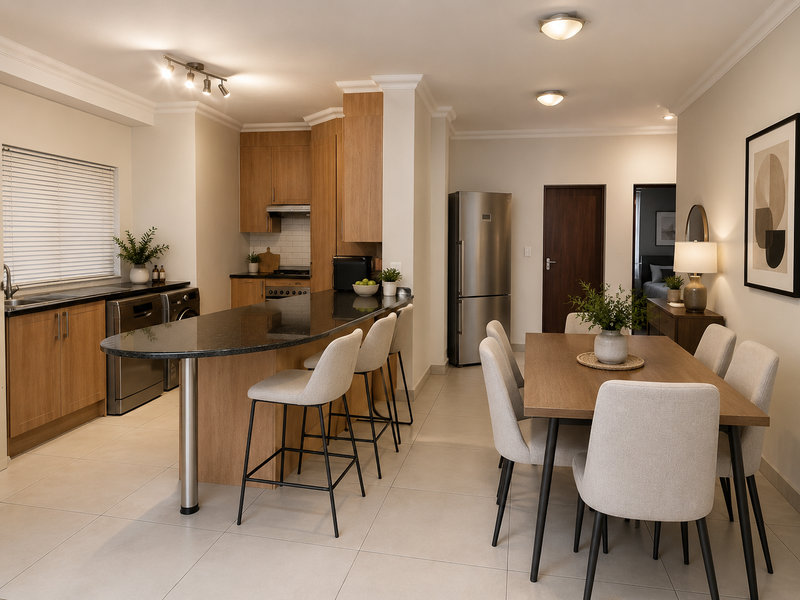Modern open-plan kitchen and dining area featuring light wood cabinetry, granite countertops, tiled flooring, and integrated appliances in a well-maintained apartment setting.