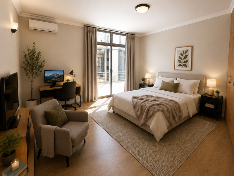 A well-appointed bedroom featuring laminate flooring, an air conditioning unit, and a sliding glass door providing access to a private balcony.