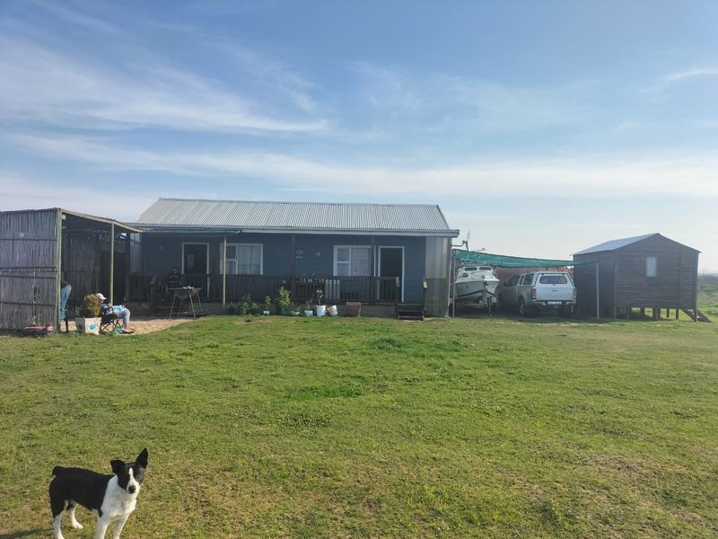 Rear view of a detached house featuring a corrugated metal roof, timber decking, and an attached carport area set on a large grassed plot.