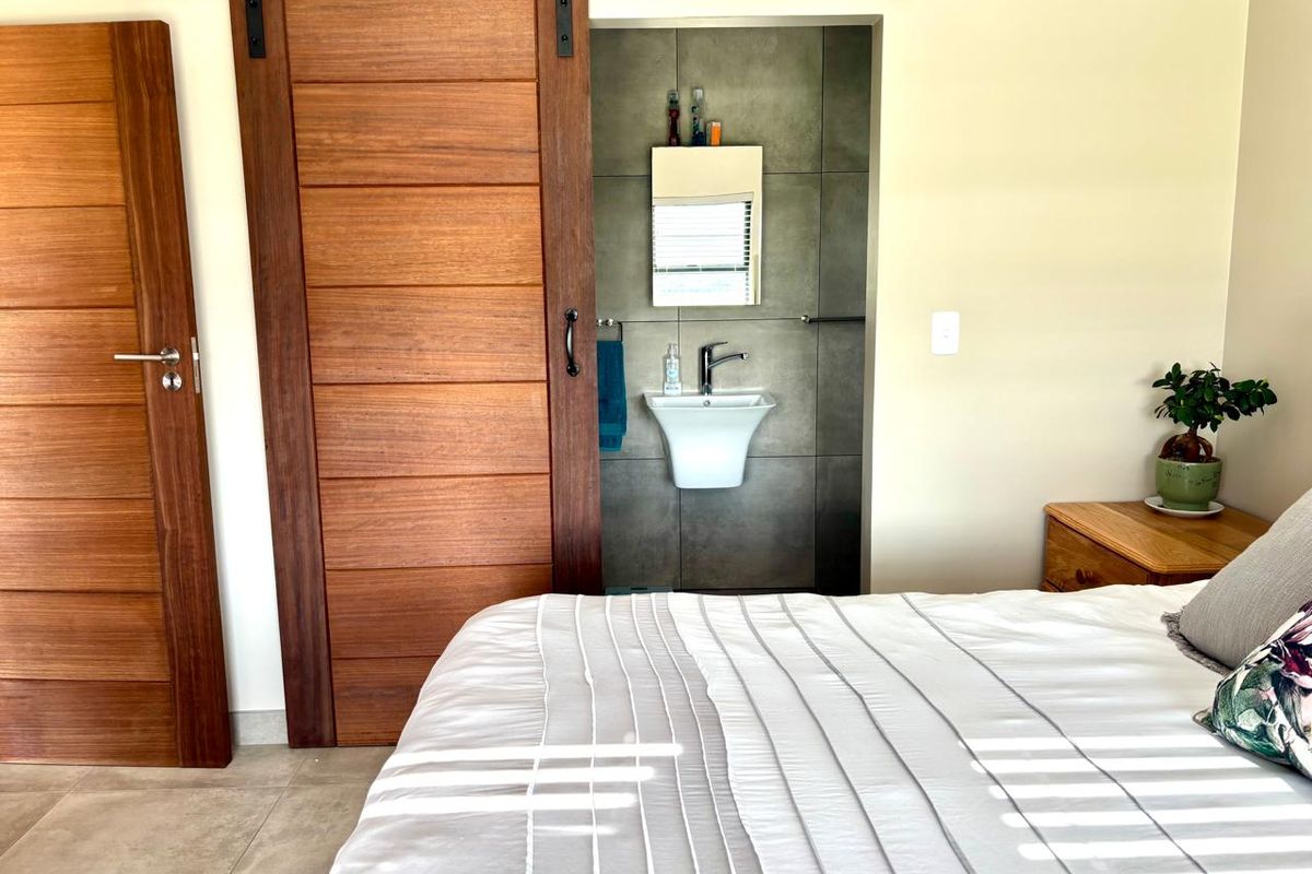 A well-maintained bedroom featuring a modern sliding barn door leading to an en-suite bathroom with a wall-mounted basin and tiled finishes.