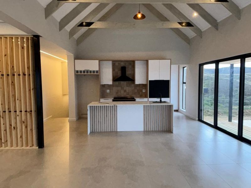 Spacious open-plan living and kitchen area featuring a dramatic vaulted ceiling with exposed beams, modern cabinetry, and large sliding doors opening to the exterior.