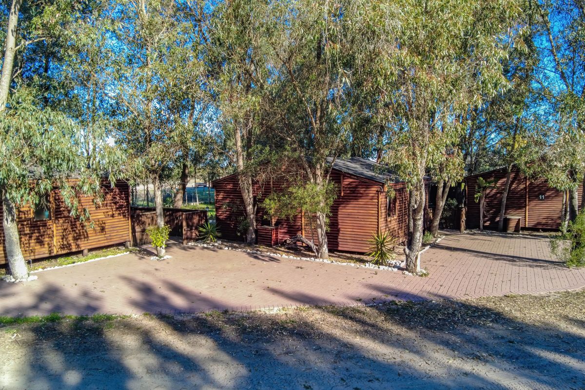 A view of timber-clad farm cabins set within a mature, tree-lined landscape with paved access paths.
