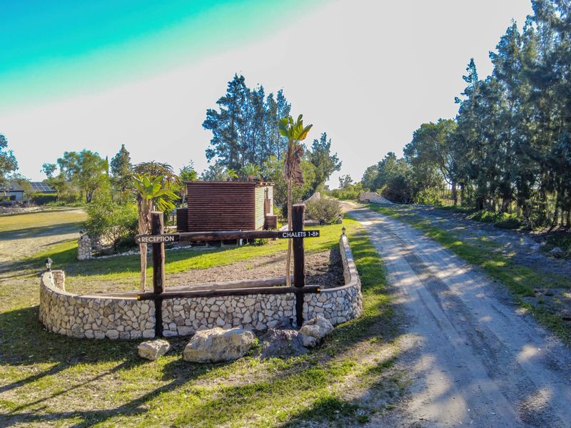 Entrance area of the farm property featuring a stone retaining wall, timber signage, and a gravel driveway leading towards the reception and chalets.