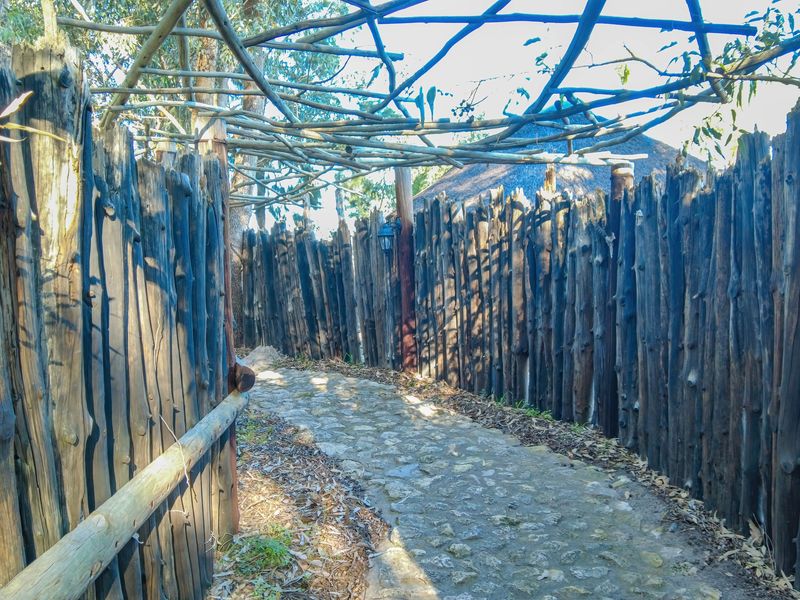 A rustic garden pathway enclosed by traditional timber pole fencing and an overhead pergola, leading towards a thatched structure on the farm property.