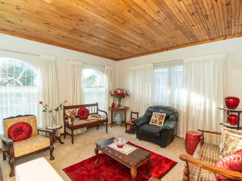 A bright living room featuring a warm timber-clad ceiling and multiple arched windows that provide ample natural light.