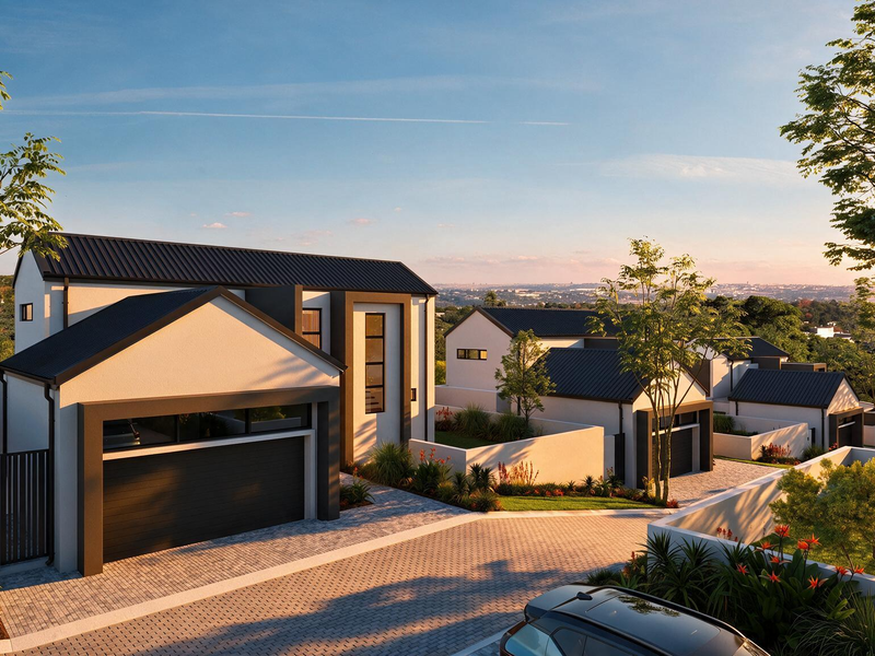 A modern cluster home development featuring contemporary architectural design, metal roofing, paved driveways, and landscaped surroundings in a secure estate setting.