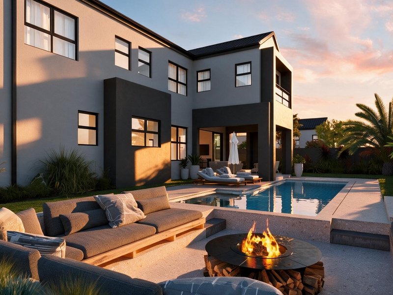 Modern cluster home exterior featuring a swimming pool, sunken fire pit area, and a spacious paved patio perfect for outdoor entertaining.