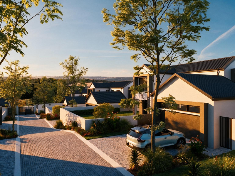 A modern cluster home development featuring paved driveways, contemporary architectural design with pitched roofs, and landscaped garden areas at sunset.