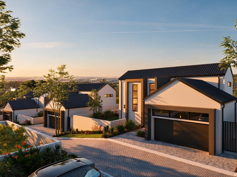 A modern cluster home development featuring contemporary architectural design, paved driveways, and landscaped gardens in a secure estate setting.