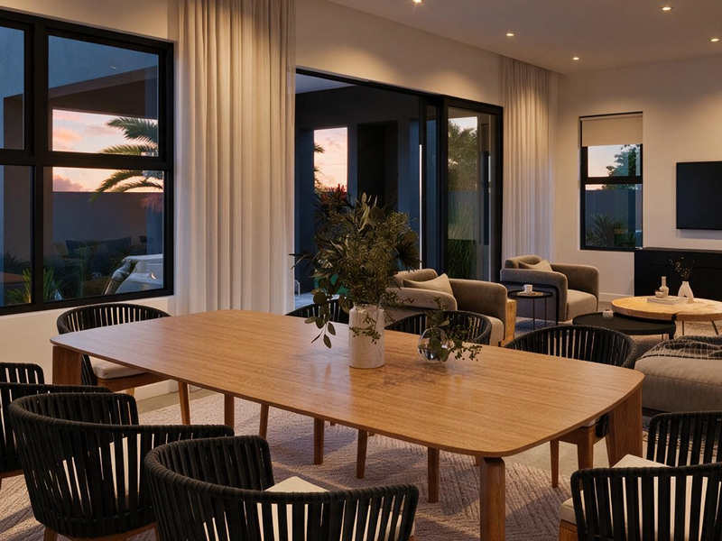 Modern open-plan living and dining area featuring large sliding glass doors, recessed lighting, and expansive windows with views of the exterior.