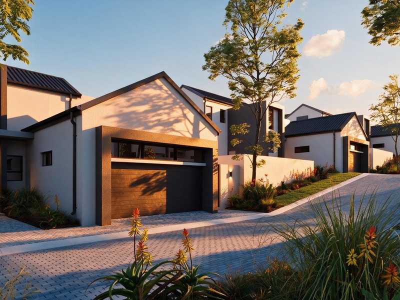 A modern cluster home development featuring contemporary architectural design, paved driveways, integrated garages, and well-maintained landscaped surroundings in a secure estate setting.