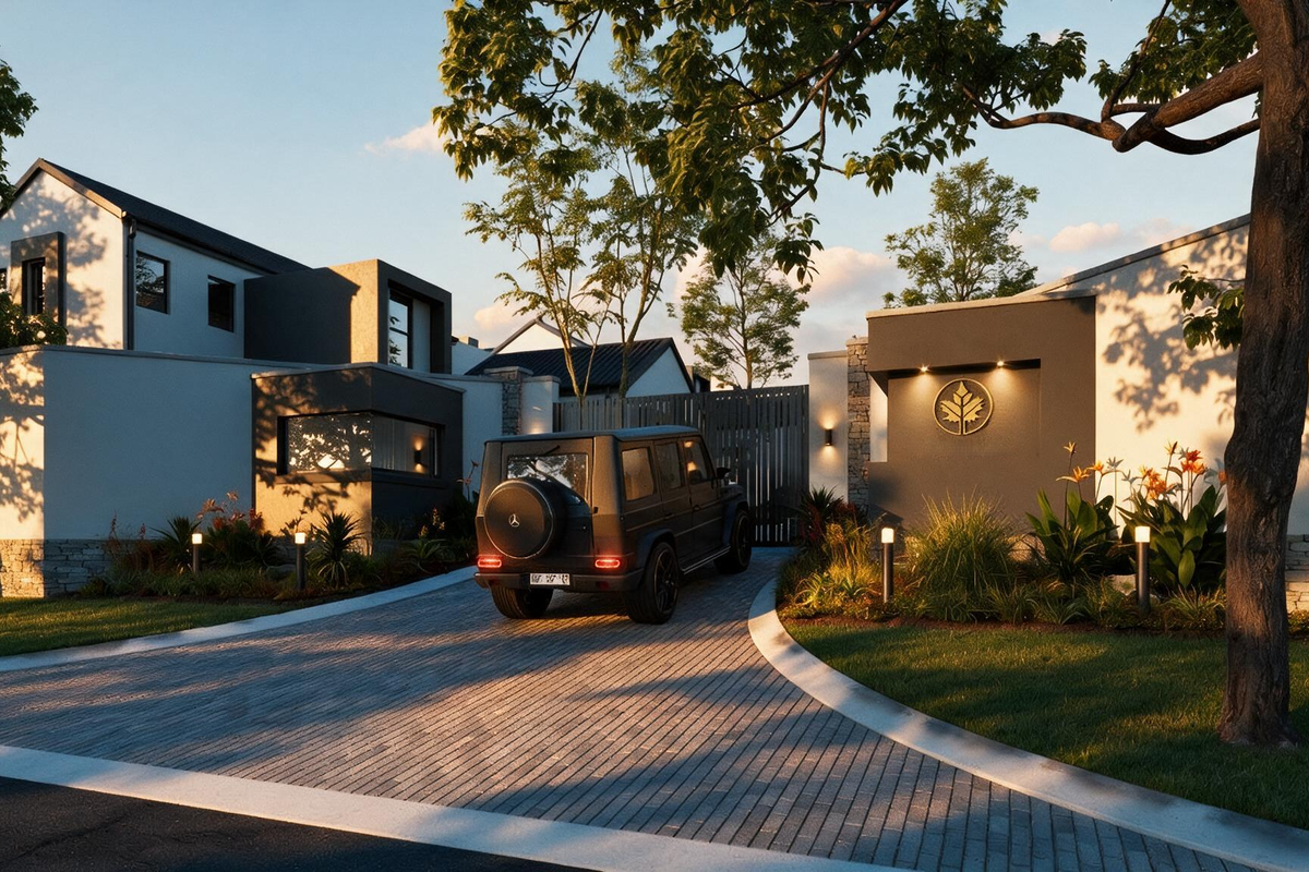 A modern cluster home entrance featuring a paved driveway, stone-clad accents, contemporary architectural design, and manicured landscaping.