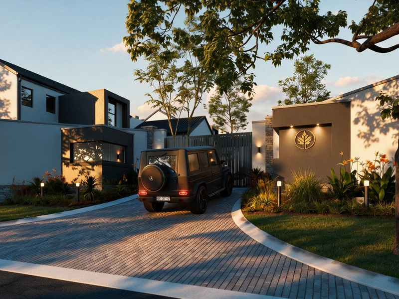 A modern cluster home entrance featuring a paved driveway, stone-clad accents, contemporary architectural design, and manicured landscaping.