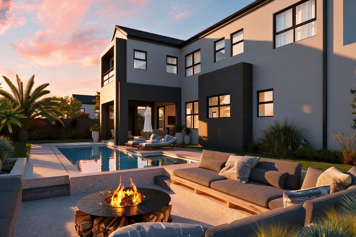 Modern double-story cluster home featuring a rear garden, swimming pool, and a sunken fire pit area with a covered patio.