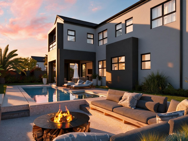 Modern double-story cluster home featuring a rear garden, swimming pool, and a sunken fire pit area with a covered patio.