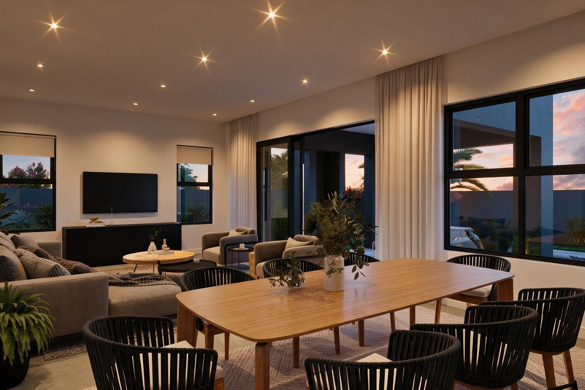 Spacious open-plan living and dining area featuring modern recessed lighting, large windows, and seamless access to the outdoor patio through sliding glass doors.