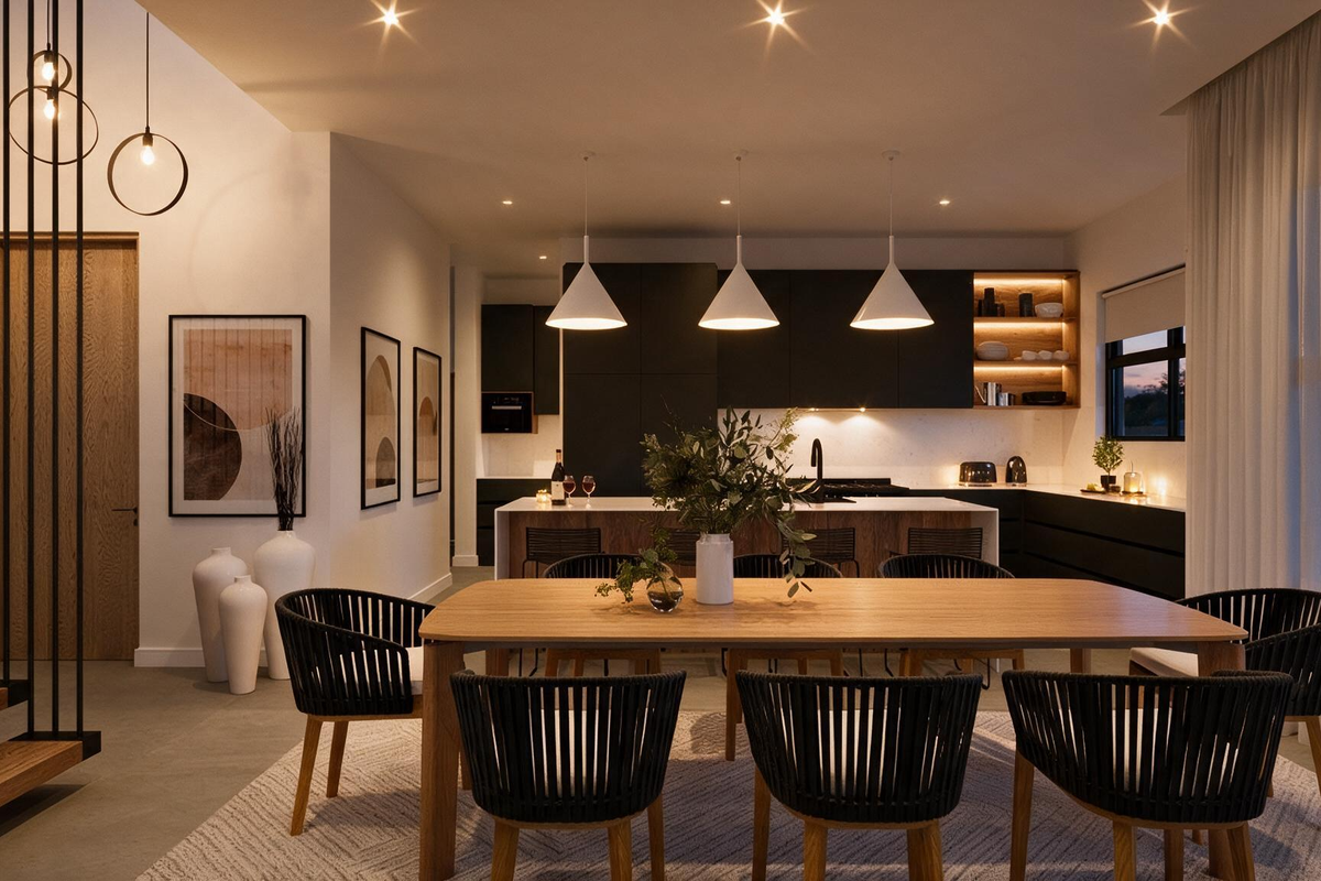 Modern open-plan living and dining area featuring a sleek kitchen with island, premium cabinetry, and contemporary lighting, seamlessly integrated with a staircase.