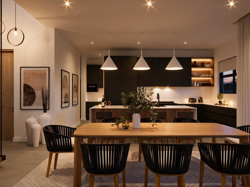 Modern open-plan living and dining area featuring a sleek kitchen with island, premium cabinetry, and contemporary lighting, seamlessly integrated with a staircase.
