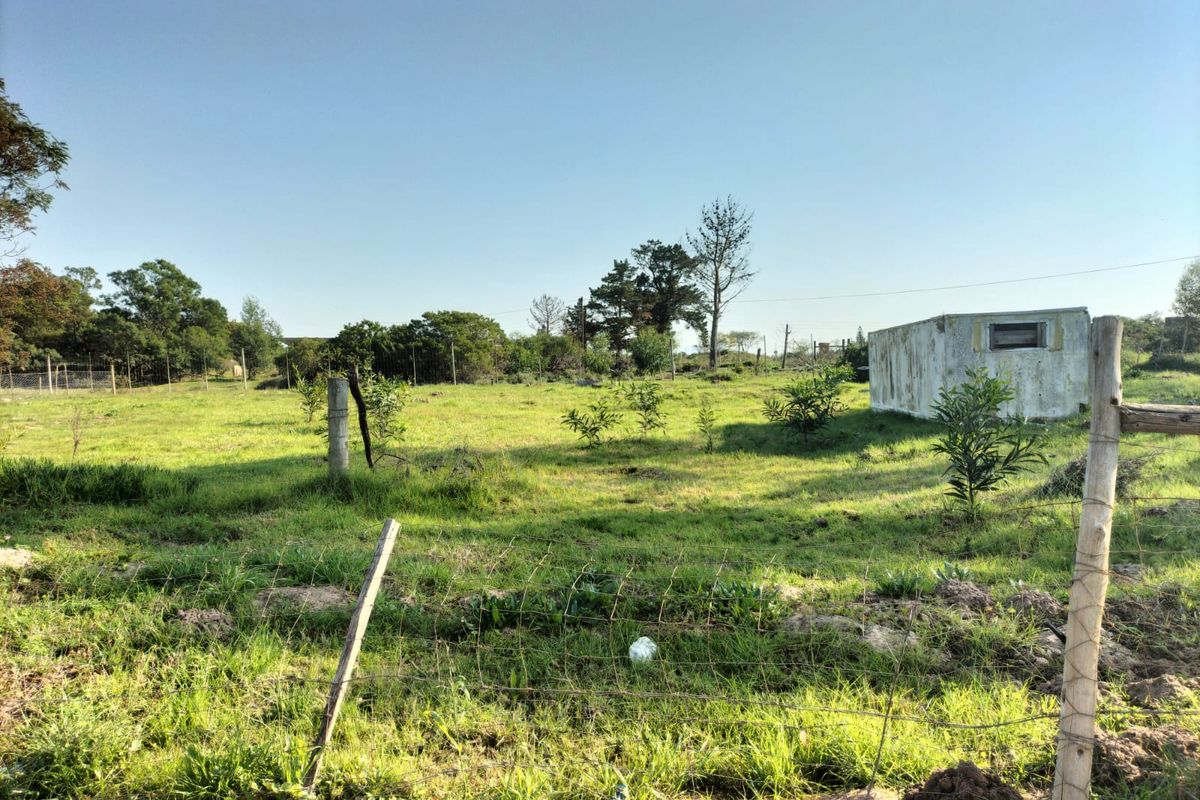 A vacant residential plot featuring grassy terrain, perimeter wire fencing with wooden posts, and a small weathered utility structure.