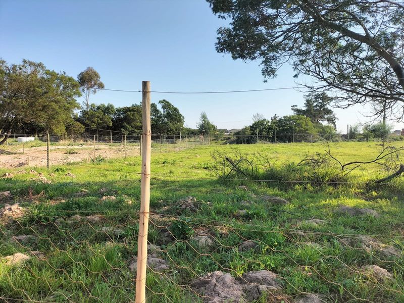A view of a vacant residential plot featuring grassy terrain and perimeter wire fencing with wooden posts.