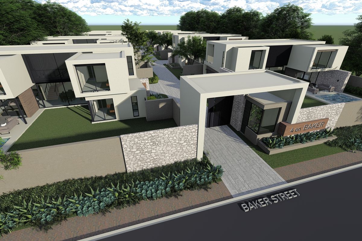 An aerial perspective of the 4 on Baker residential development, showcasing modern architectural design, gated access, landscaped grounds, and private swimming pools.