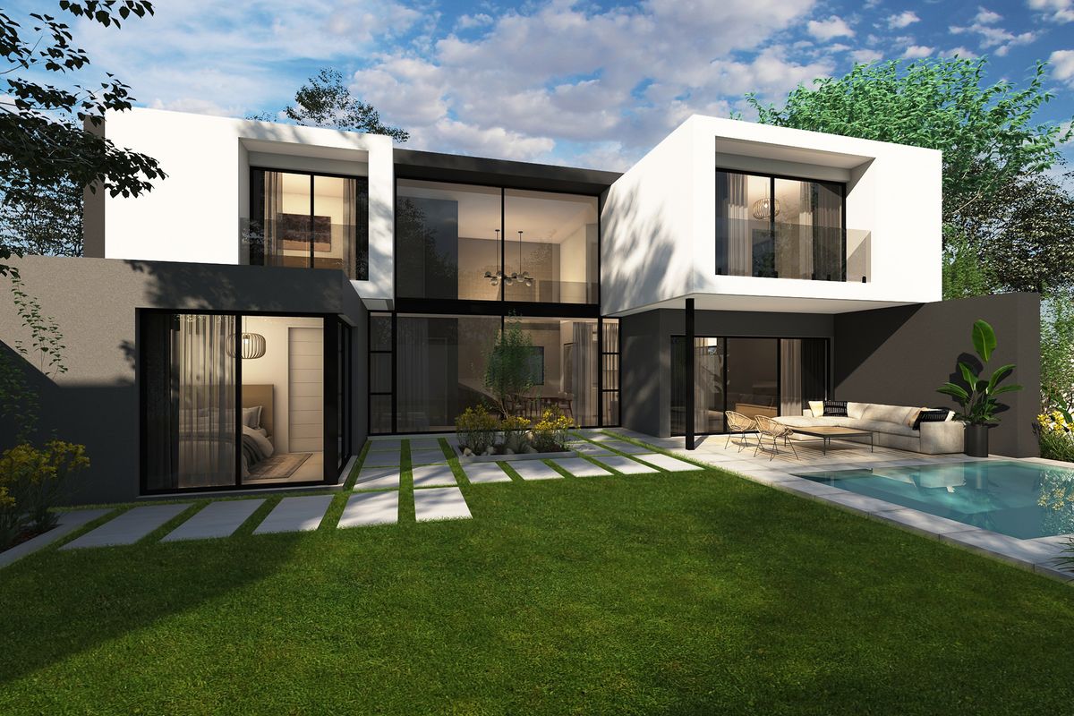 Modern two-story residence featuring expansive glass sliding doors, a private swimming pool, and a paved patio area overlooking a landscaped garden.