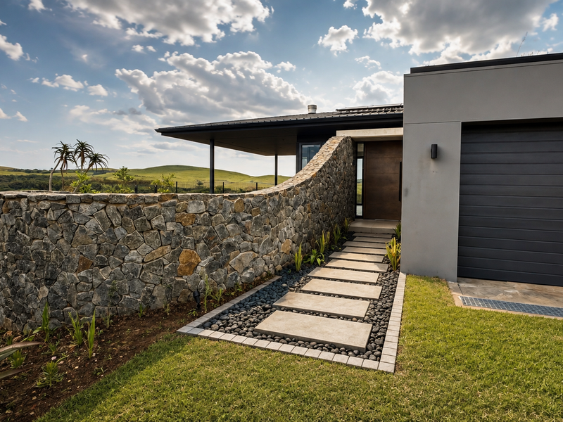 Modern front facade featuring a striking stone feature wall, concrete paver walkway, and a sleek sectional garage door set within a landscaped garden.