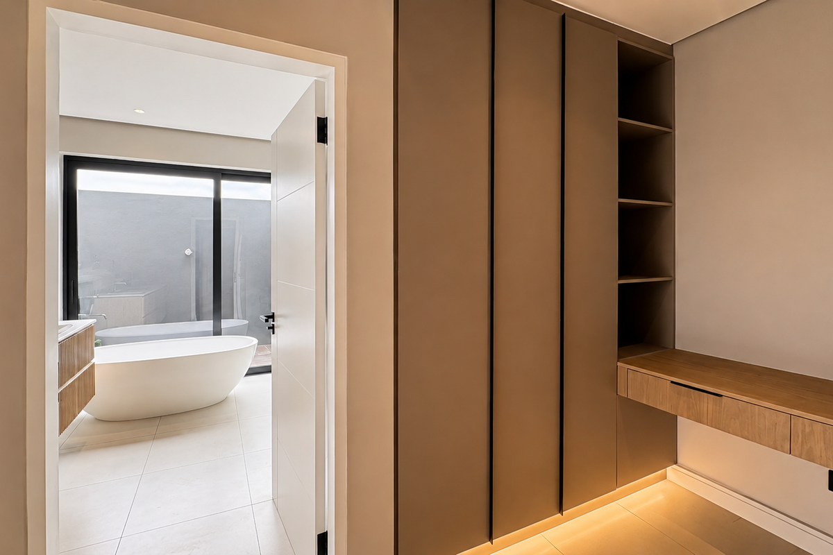 Modern bedroom featuring built-in cabinetry and a floating desk, with an open doorway leading to an en-suite bathroom with a freestanding bathtub.
