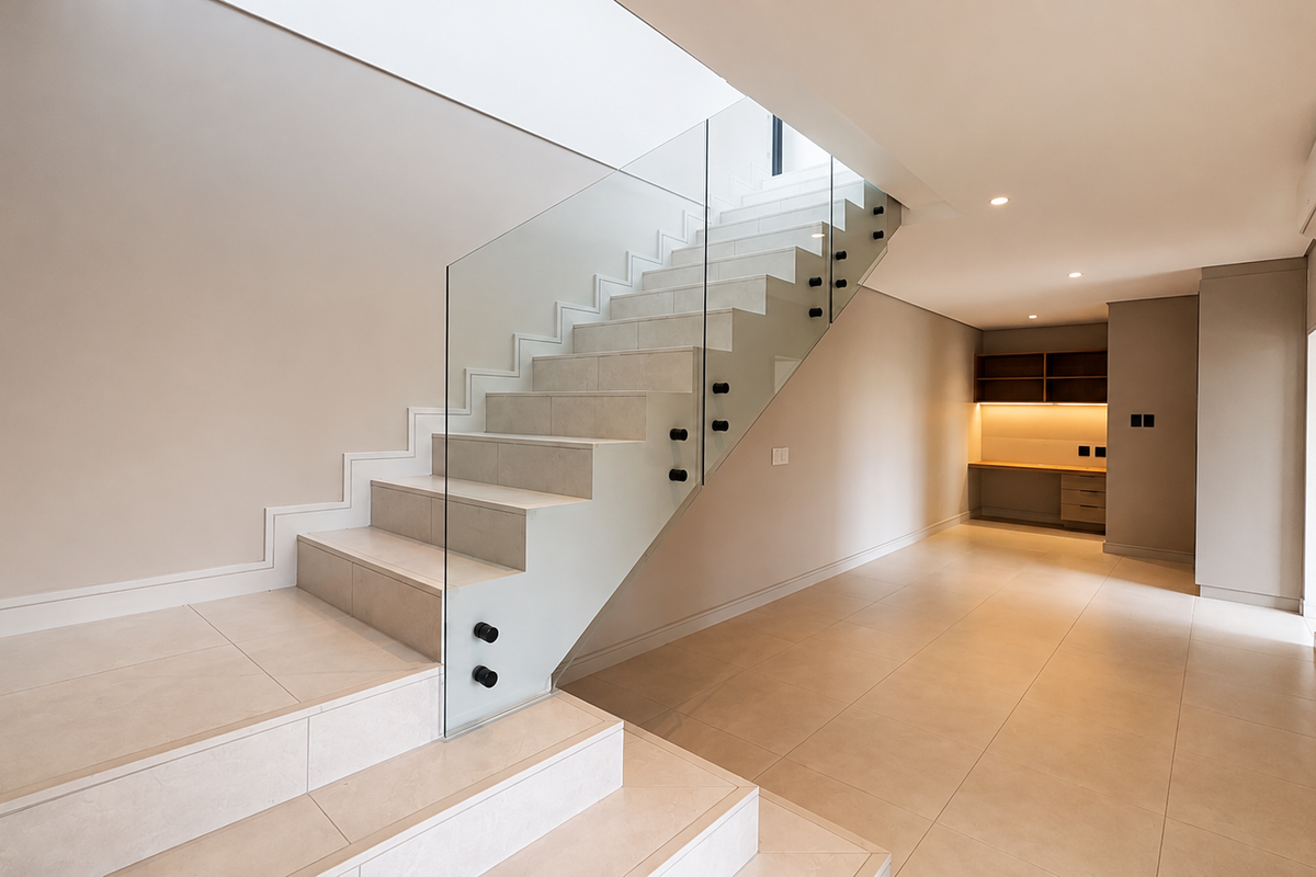 Modern open-plan living area featuring a sleek staircase with glass balustrade, tiled flooring, and built-in cabinetry with integrated lighting.