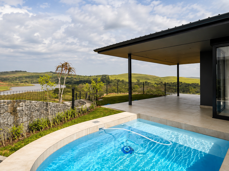 Modern outdoor pool area with a tiled patio, stone retaining wall, and expansive views of the surrounding landscape.