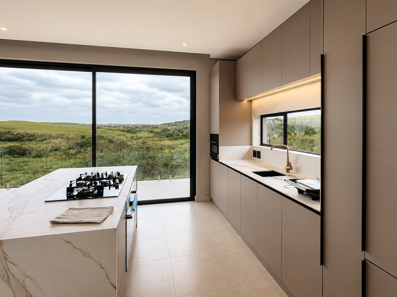 Modern kitchen featuring a stone-topped island with gas cooktop, integrated cabinetry, and expansive sliding glass doors offering scenic landscape views.