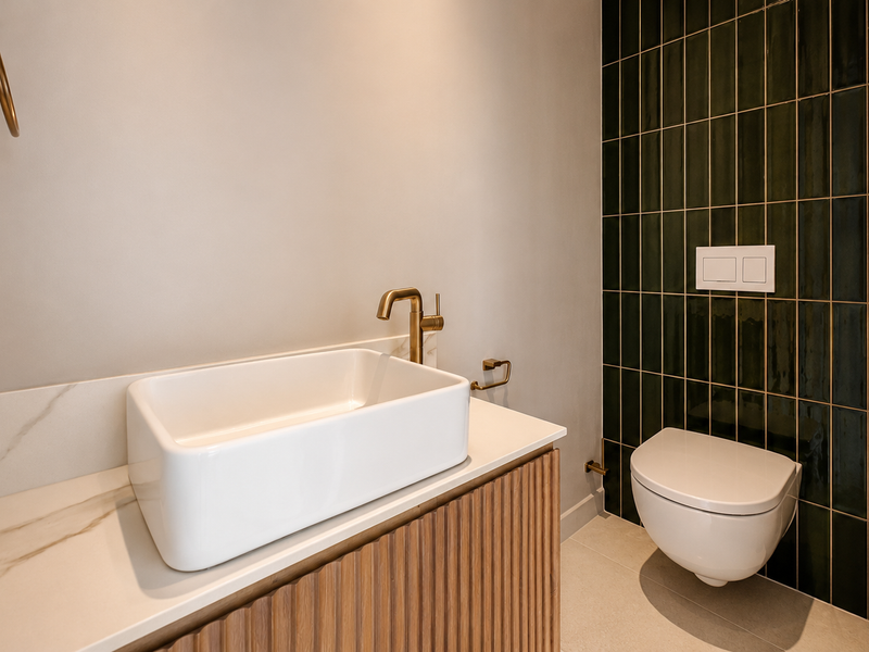 Modern powder room featuring a wall-mounted toilet, vessel sink on a marble vanity, and a striking dark green tiled feature wall with brass fixtures.