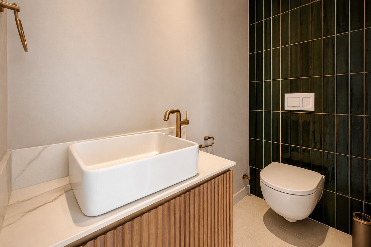 Modern powder room featuring a wall-mounted toilet, vessel sink on a marble vanity, and a striking dark green tiled feature wall with brass fixtures.