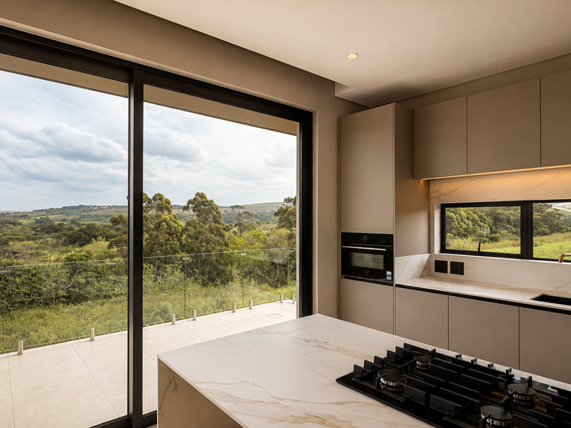 Modern kitchen featuring high-end cabinetry, stone countertops, integrated appliances, and large sliding doors opening to a scenic balcony with glass balustrades.