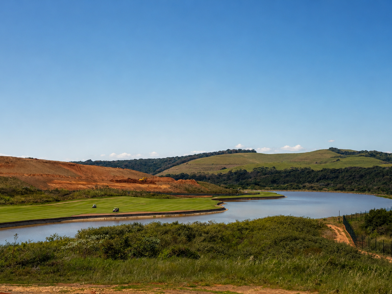 A scenic view overlooking a lake and adjacent golf course with rolling hills in the background.