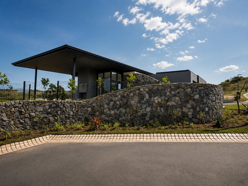 A modern architectural exterior featuring a curved stone retaining wall, paved driveway, and contemporary roof structure set within a landscaped estate environment.