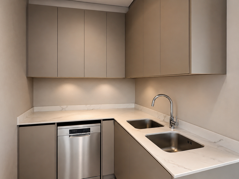 Modern scullery featuring sleek handleless cabinetry, stone countertops, integrated dishwasher, and a double stainless steel sink with under-cabinet lighting.