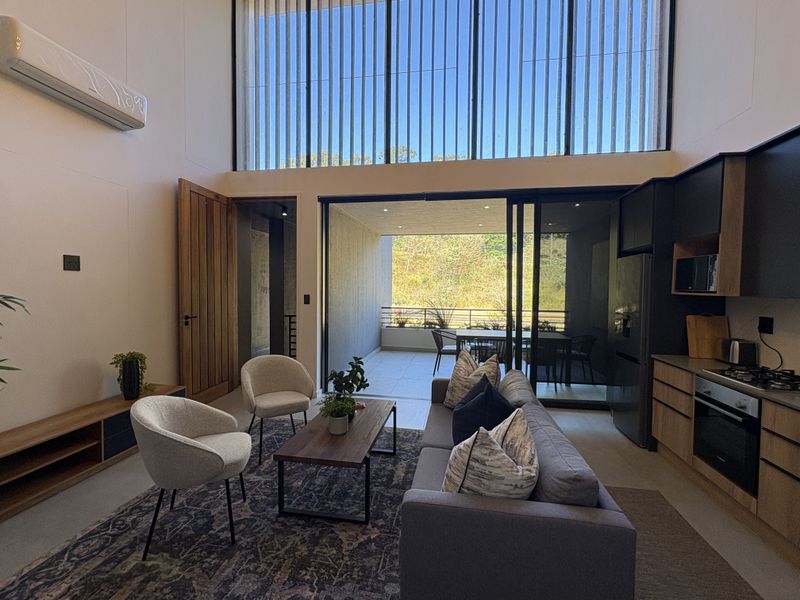 Modern open-plan living area featuring high ceilings, clerestory windows, a sleek kitchen with built-in appliances, and seamless flow to a covered outdoor balcony.