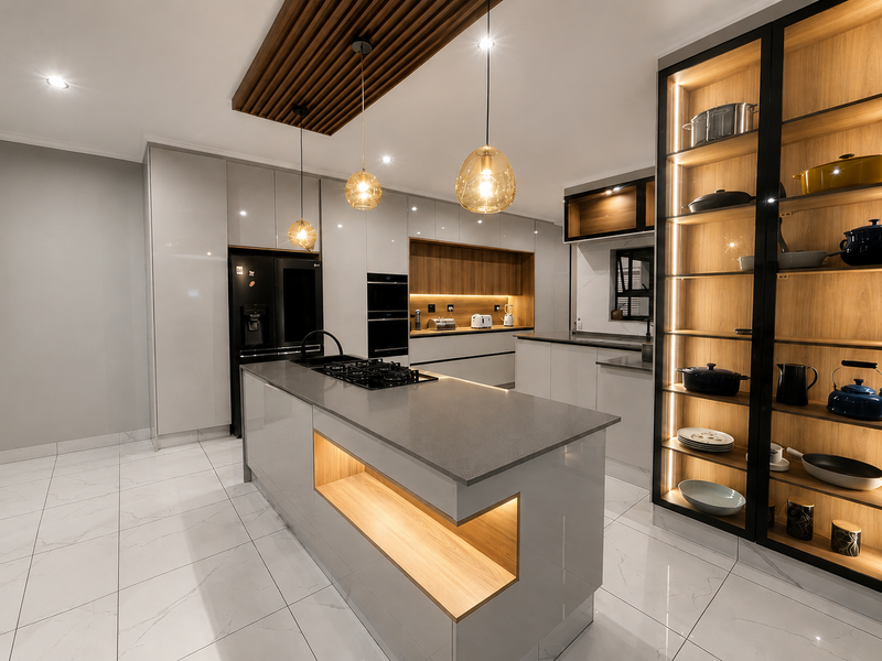 Modern, high-end kitchen featuring a central island with gas hob, integrated appliances, custom timber ceiling detailing, and illuminated display shelving with premium finishes.