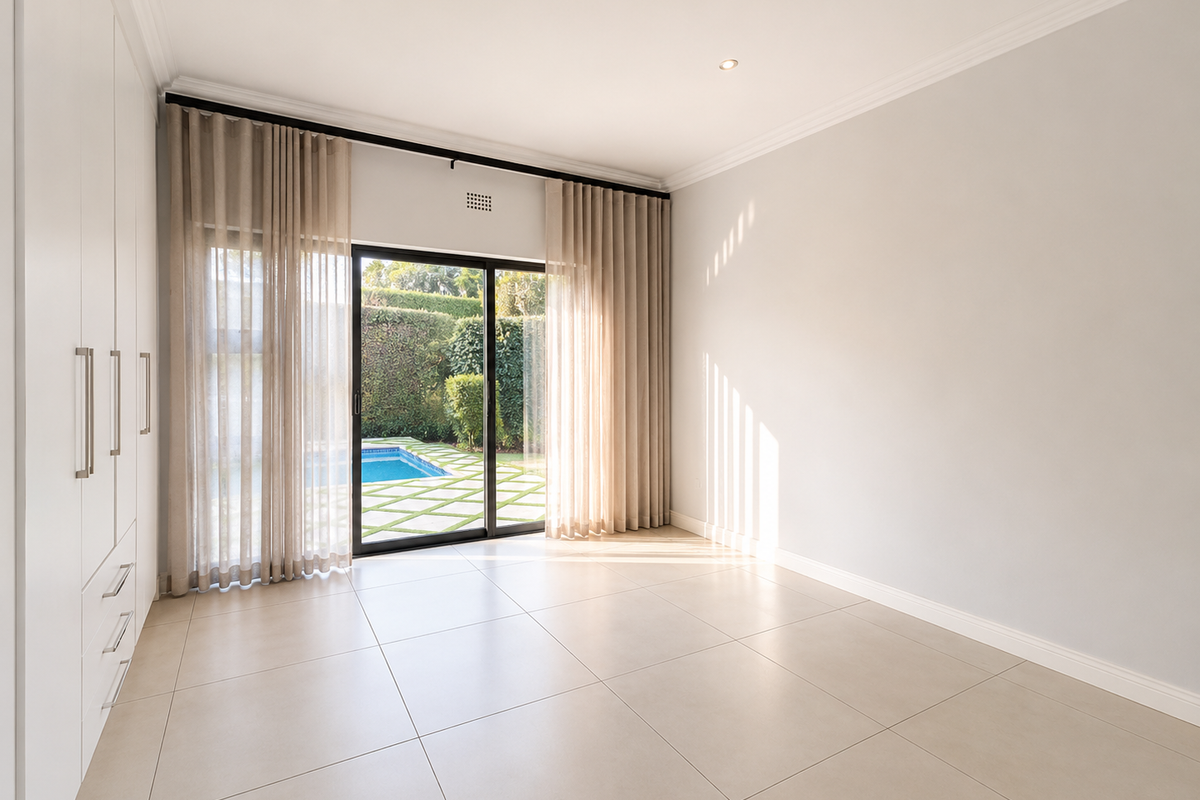 A bright, empty bedroom featuring built-in cupboards, tiled flooring, and a sliding glass door providing direct access to the pool area.