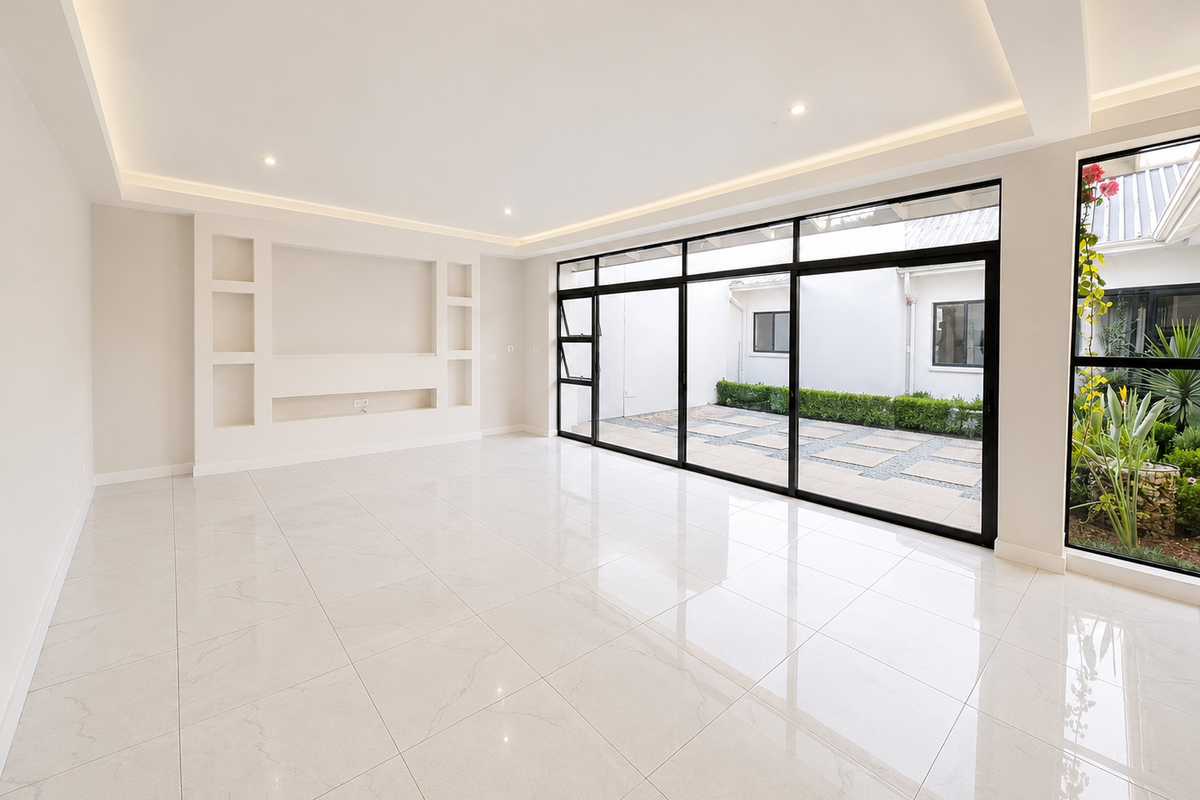 Spacious, modern living area featuring large format porcelain tiles, recessed cove lighting, and expansive black aluminium sliding doors opening to a private courtyard.